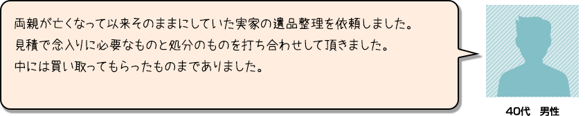 両親が亡くなって依頼そのままにしていた実家の遺品整理を依頼しました。見積で念入りに必要なものと処分のものを打ち合わせして頂きました。中には買い取ってもらったものまでありました。